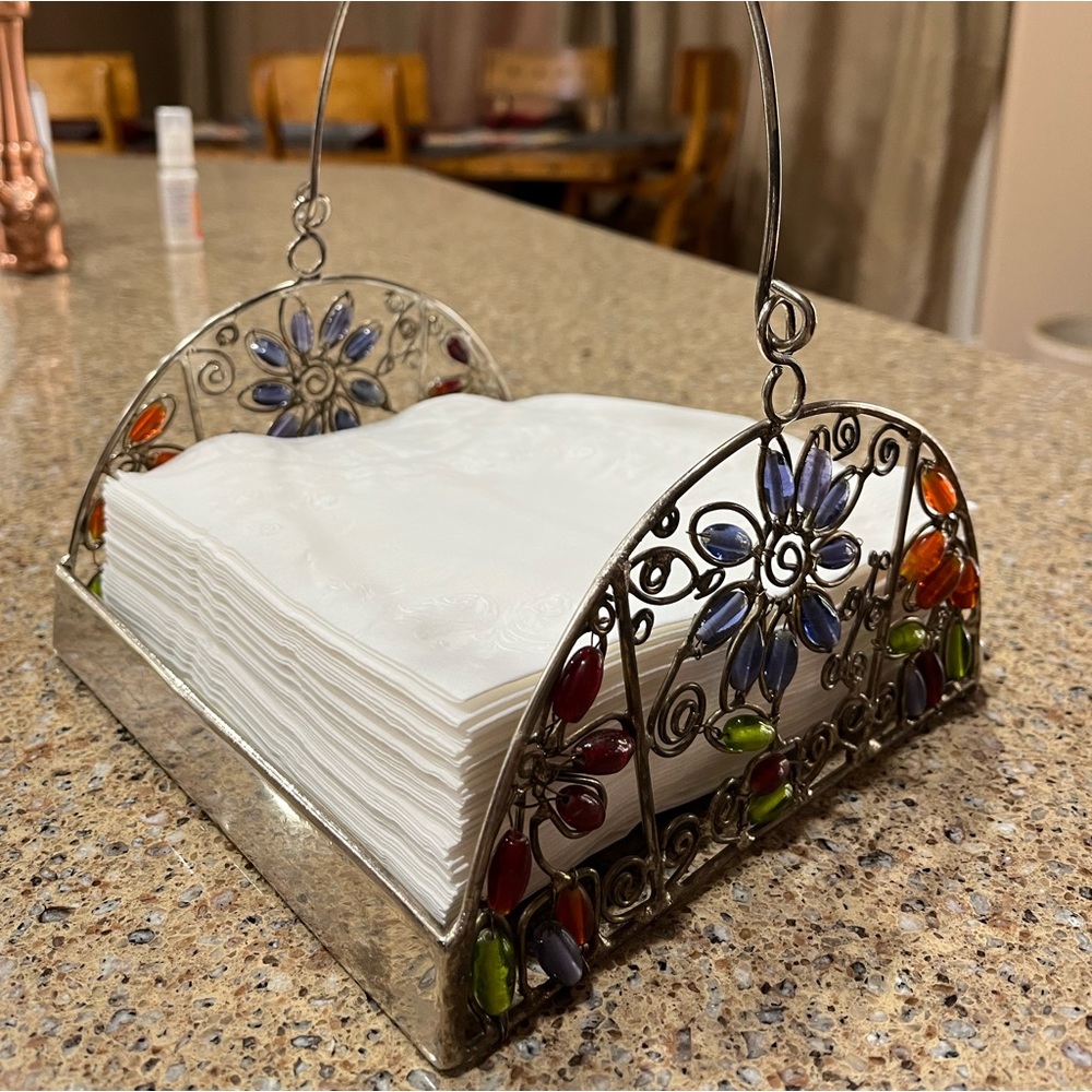 Vintage Glass Like Beaded Silver Napkin Holder with Beaded Handle - Picture 4 of 16